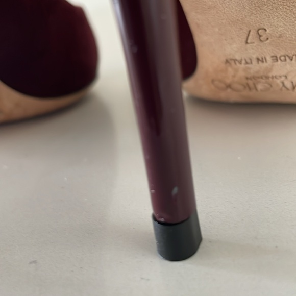 Jimmy Choo Burgundy Suede Pump w/ Patent Leather Heel - Picture 11 of 14